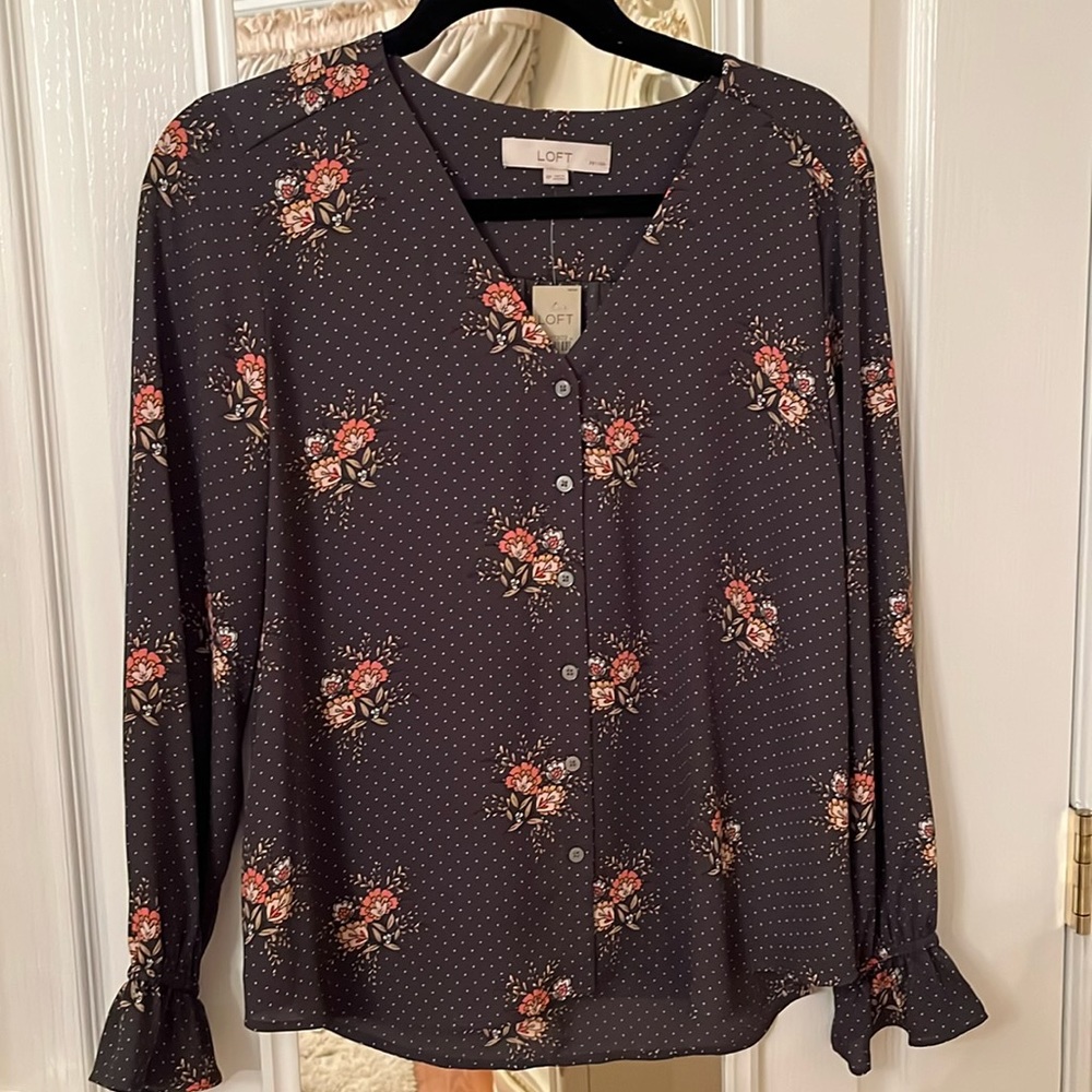 Loft Women’s Dress Shirt Button Down Floral and White Polka Dot
